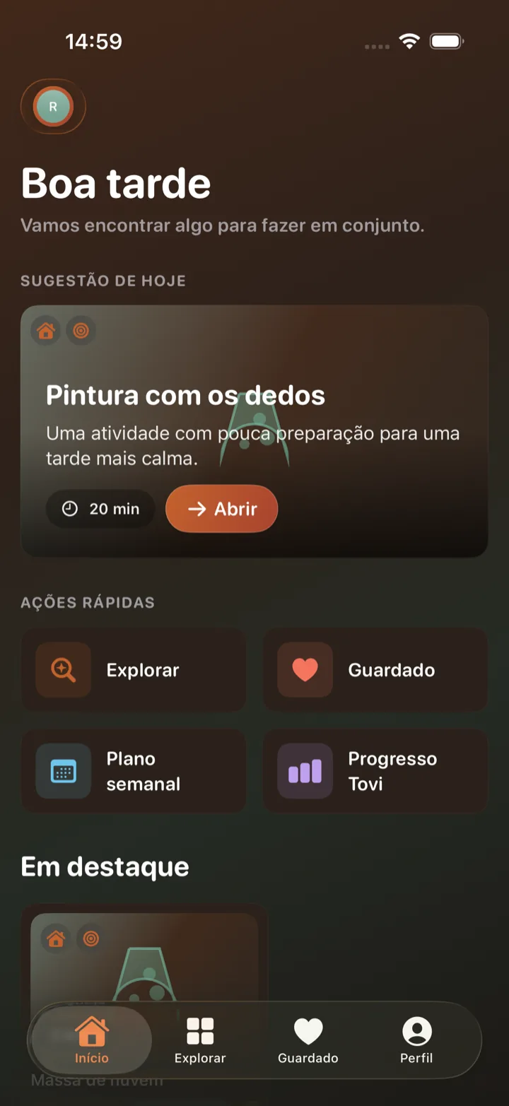 Tovi home screen in dark mode, in Portuguese