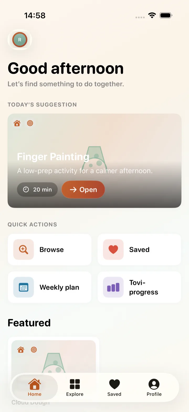 Tovi home screen suggesting Finger Painting for a 3 year old